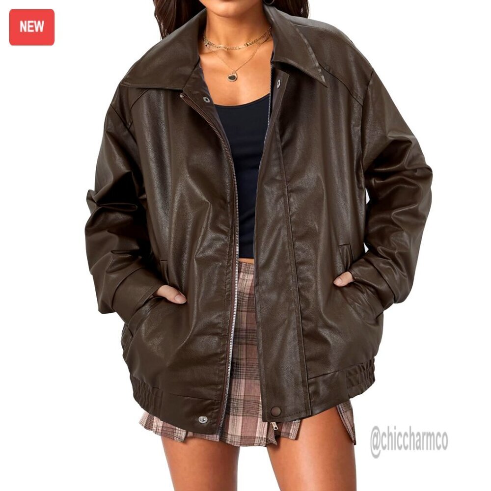 Faux Leather Maxi Coat Bomber Jacket Oversized Fit Long Sleeve